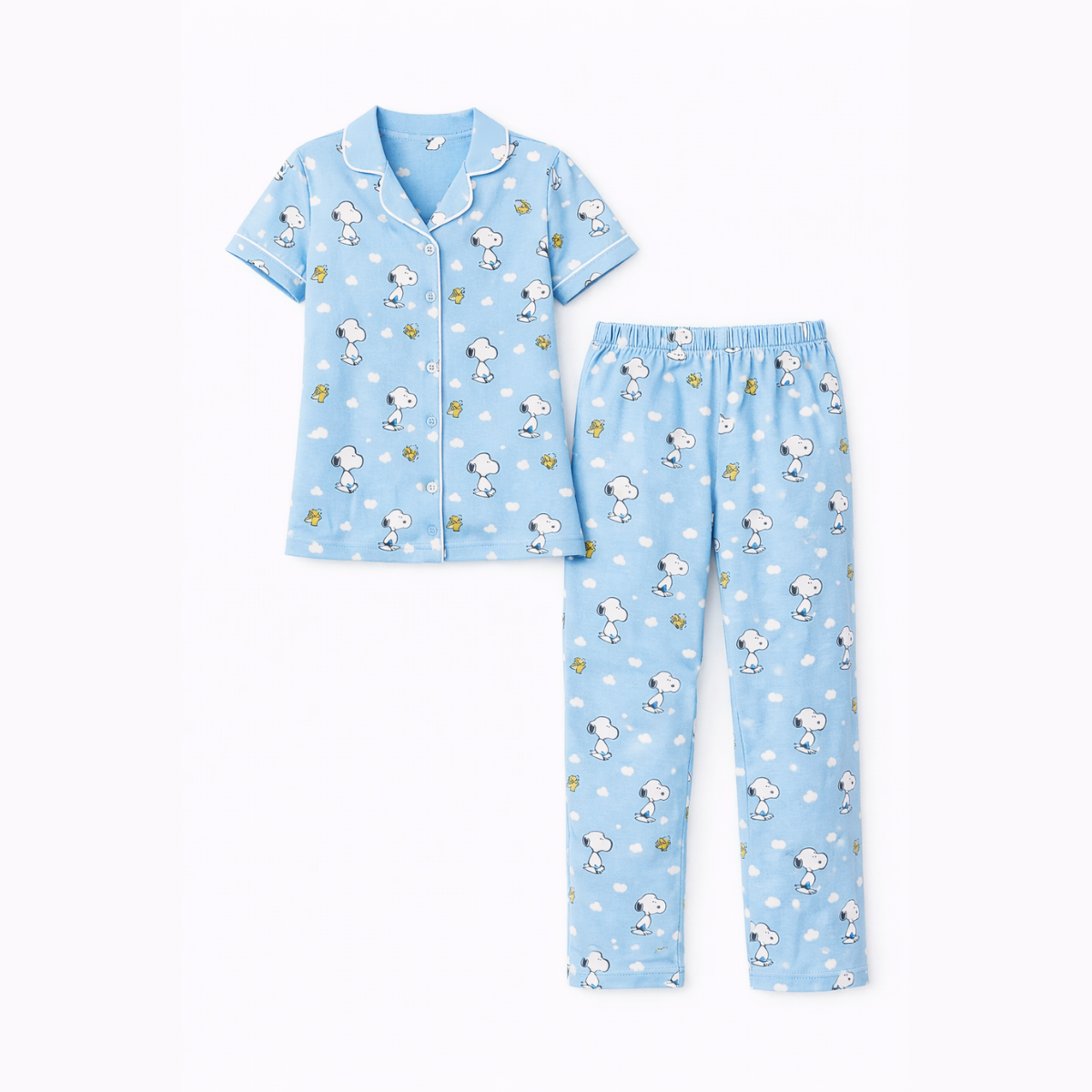 Girls' Blue Snoopy Printed Nightwear Set - Half Sleeve Button-Down Shirt & Pyjama