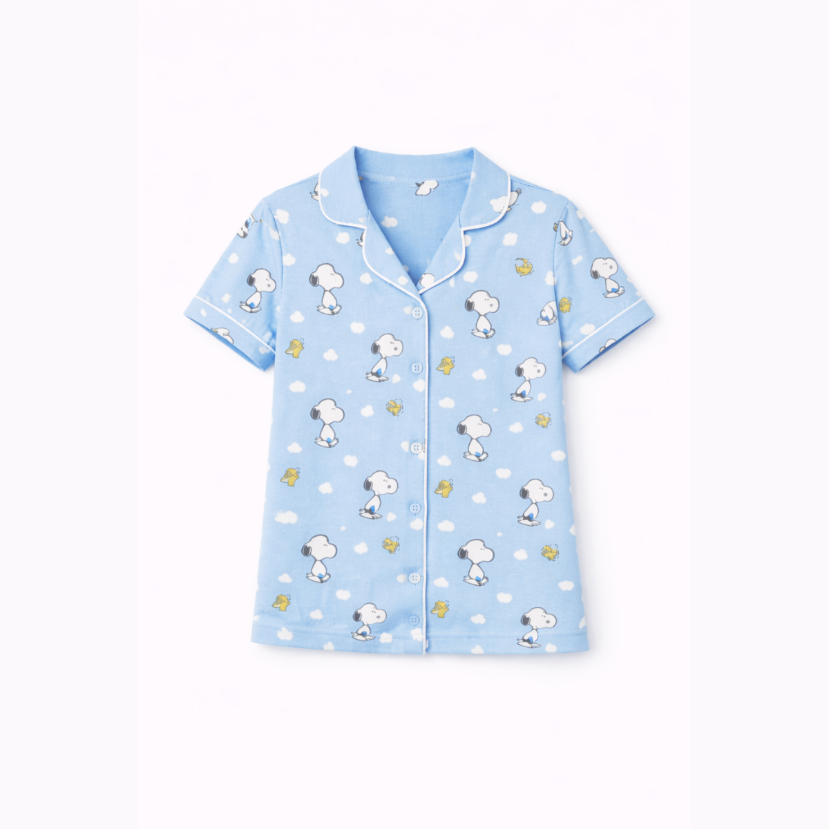Girls' Blue Snoopy Printed Nightwear Set - Half Sleeve Button-Down Shirt & Pyjama