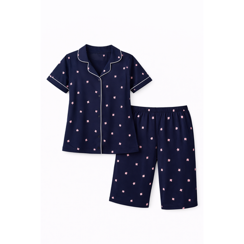 "Starry Night" Girls' Dark Blue Co-ord Set - Half Sleeve Button-Down Shirt & Shorts