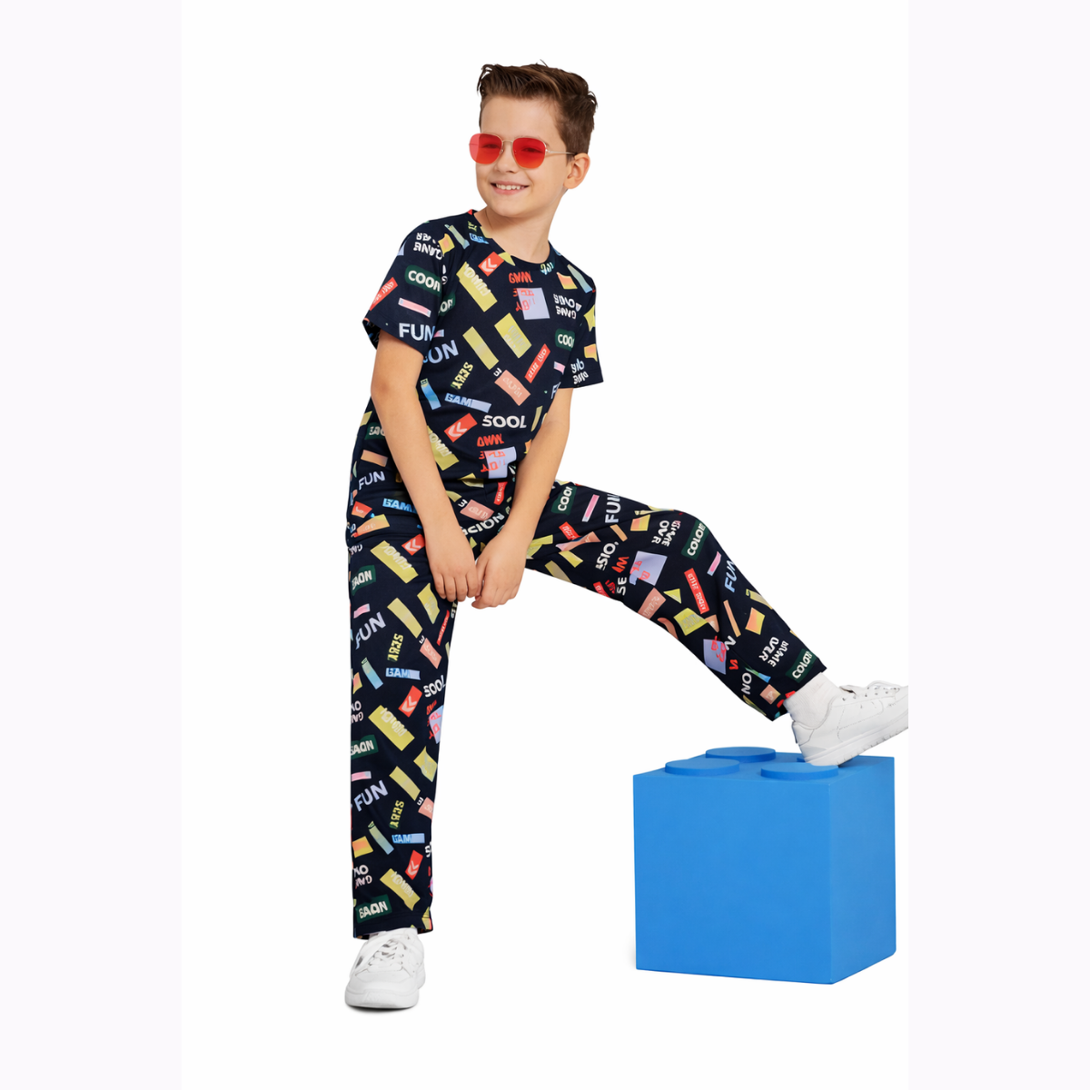 Boys' Dark Blue Hosiery Co-ord Set - Graphic Print T-Shirt & Pyjama Set