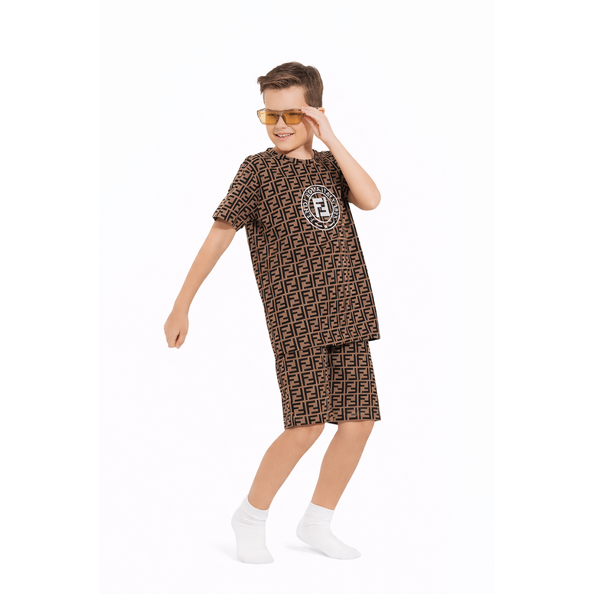 Boys' Brown Monogram Print Co-ord Set - Half Sleeve T-Shirt & Shorts Set