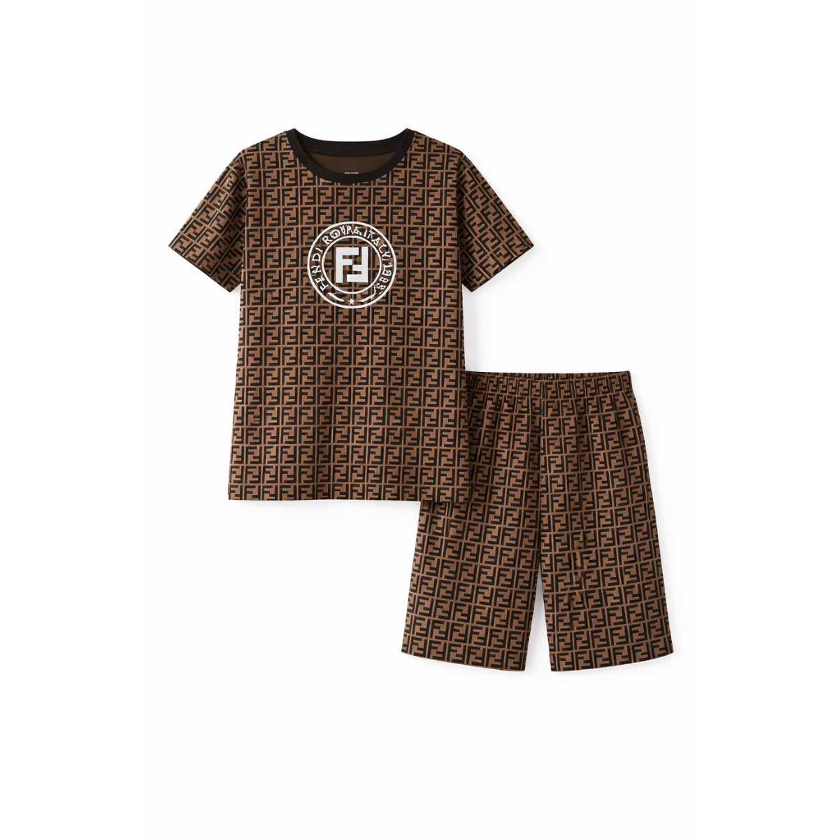 Boys' Brown Monogram Print Co-ord Set - Half Sleeve T-Shirt & Shorts Set