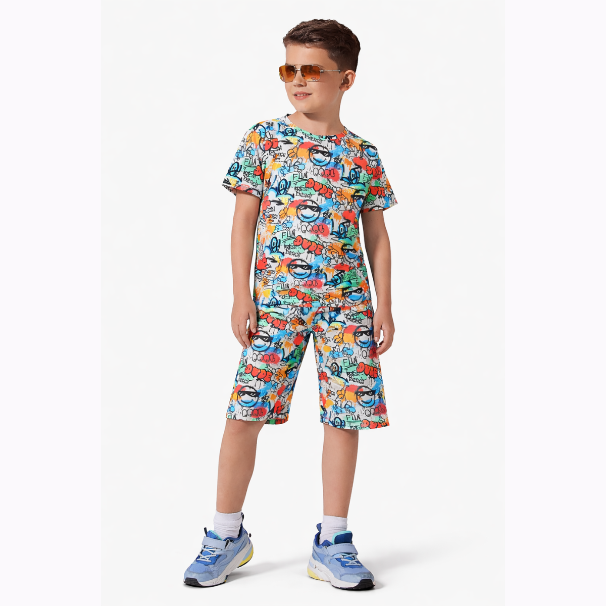 Boys Multicolour Graffiti Print Co-ord Set – Hosiery Cotton T-Shirt & Shorts