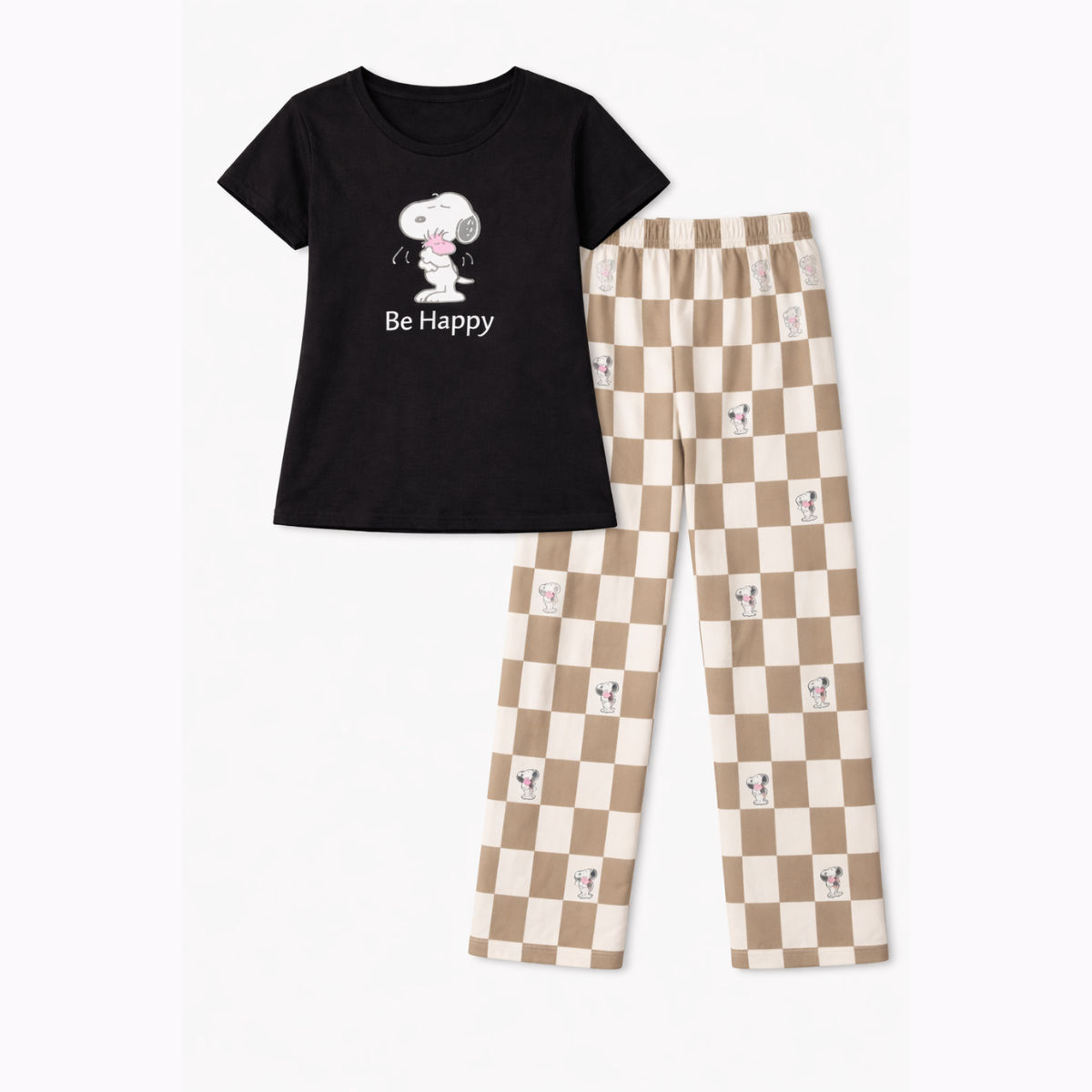 Girls Black & Checkered Co-ord Set – Be Happy Graphic Hosiery Co-ord Set