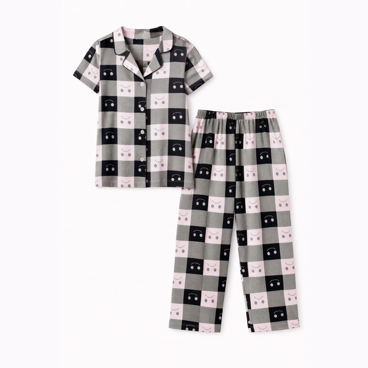 Premium Girls' Brown and Pink Checkered Hosiery Nightsuit