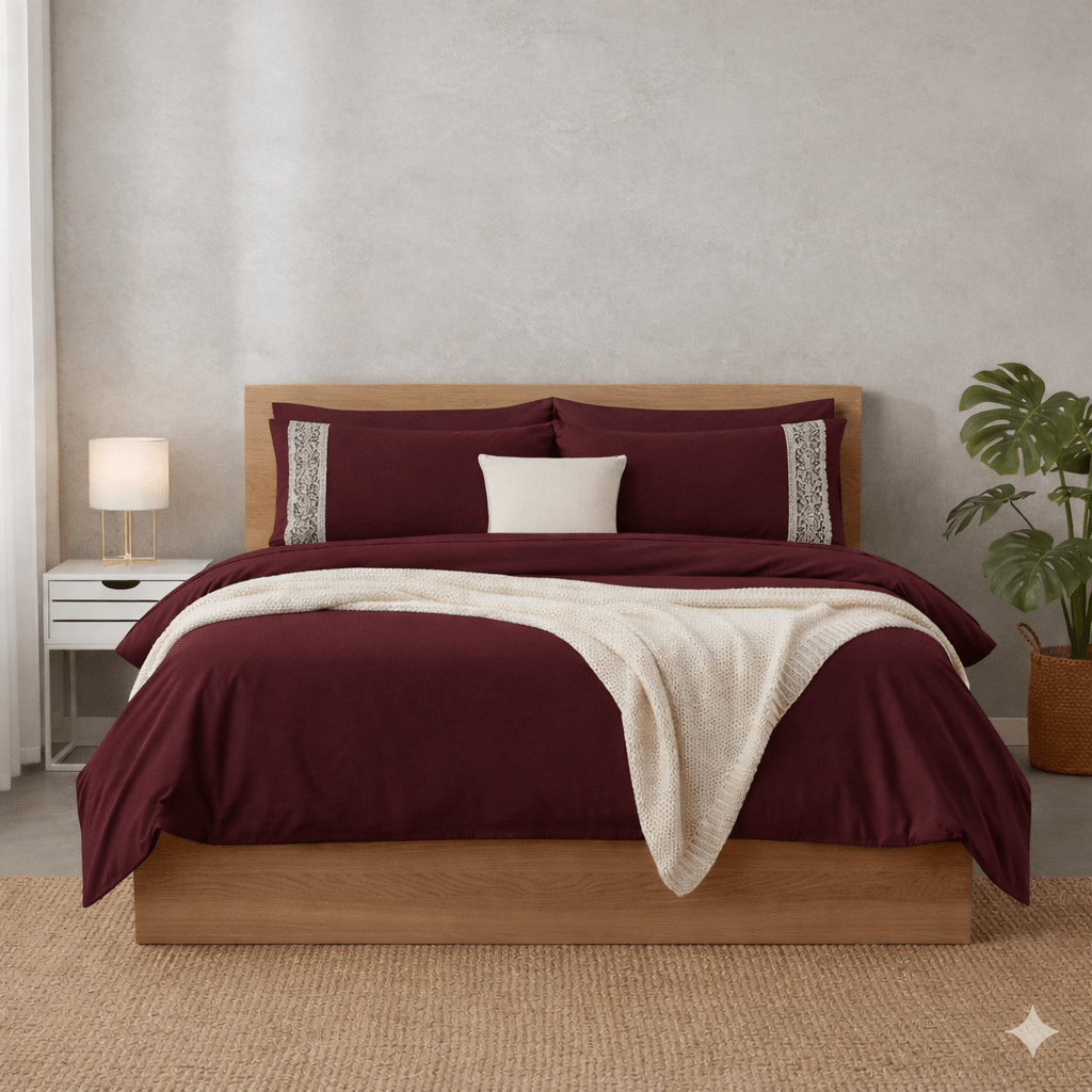 Vintage Wine Premium Embroidered Poetry Glace Cotton 300 TC Flat Bedsheet Set