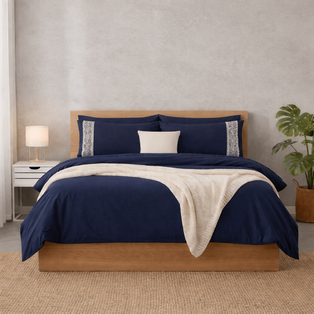 Midnight Bliss Premium Embroidered Poetry Glace Cotton 300 TC Flat Bedsheet Set