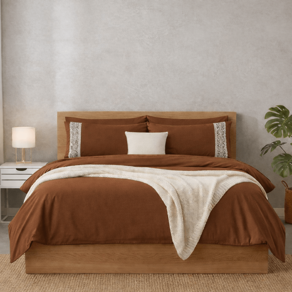 Royal Mocha Embroidered Poetry Glace Cotton 300 TC Flat Bedsheet Set