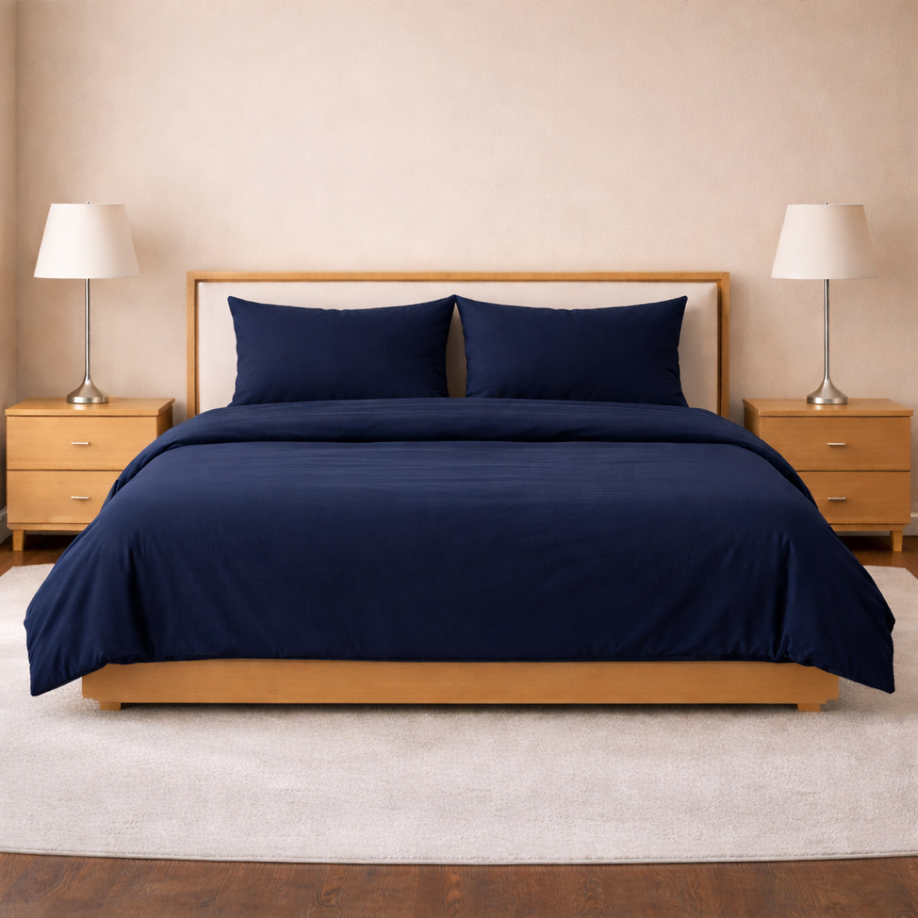 Navy Blue 100% Organic Cotton Luxury Percale Weave King Size Bedsheet Set Bedsheet + 2 Pillow Covers