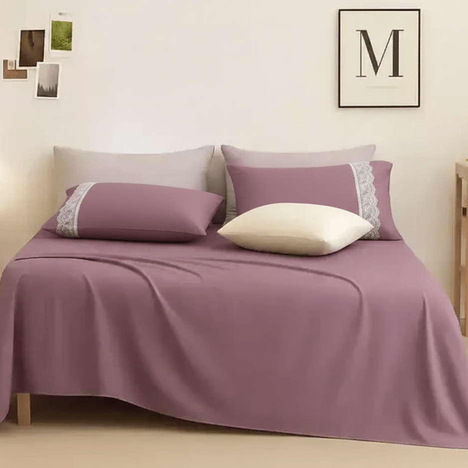 Plum Bliss Premium Embroidered Poetry Glace Cotton 300 TC Flat Bedsheet Set