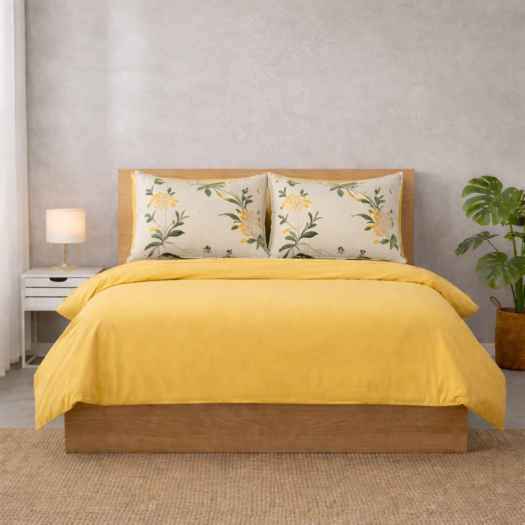 Golden Summer Sunset King Glace Cotton 300 TC Flat 5 Piece Bedsheet Set 1 King Size Bedsheet + 2 Pillow Covers + 2 Quilted Pillow Covers