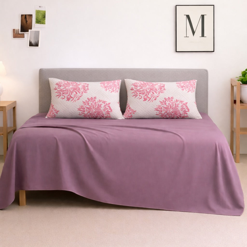 Rosy Dusk King Glace Cotton 300 TC Flat 5 Piece Bedsheet Set 1 King Size Bedsheet + 2 Pillow Covers + 2 Quilted Pillow Covers