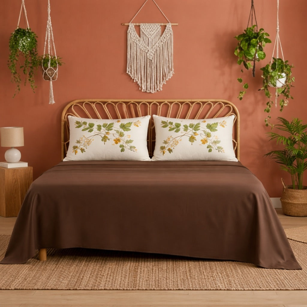 Autumn Leaf King Glace Cotton 300 TC Flat 5 Piece Bedsheet Set 1 King Size Bedsheet + 2 Pillow Covers + 2 Quilted Pillow Covers