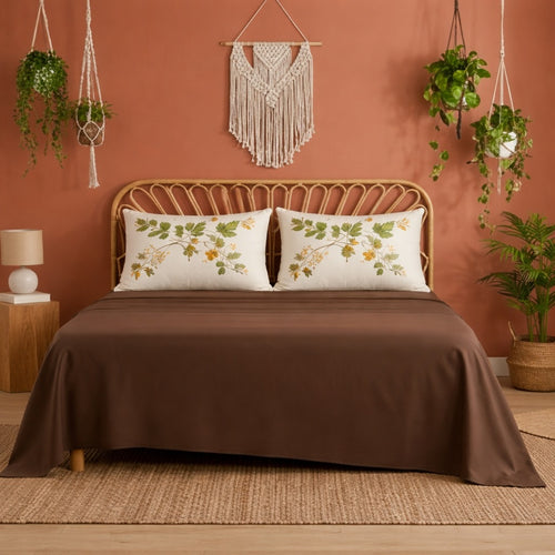 Autumn Leaf King Glace Cotton 300 TC Flat 5 Piece Bedsheet Set 1 King Size Bedsheet + 2 Pillow Covers + 2 Quilted Pillow Covers